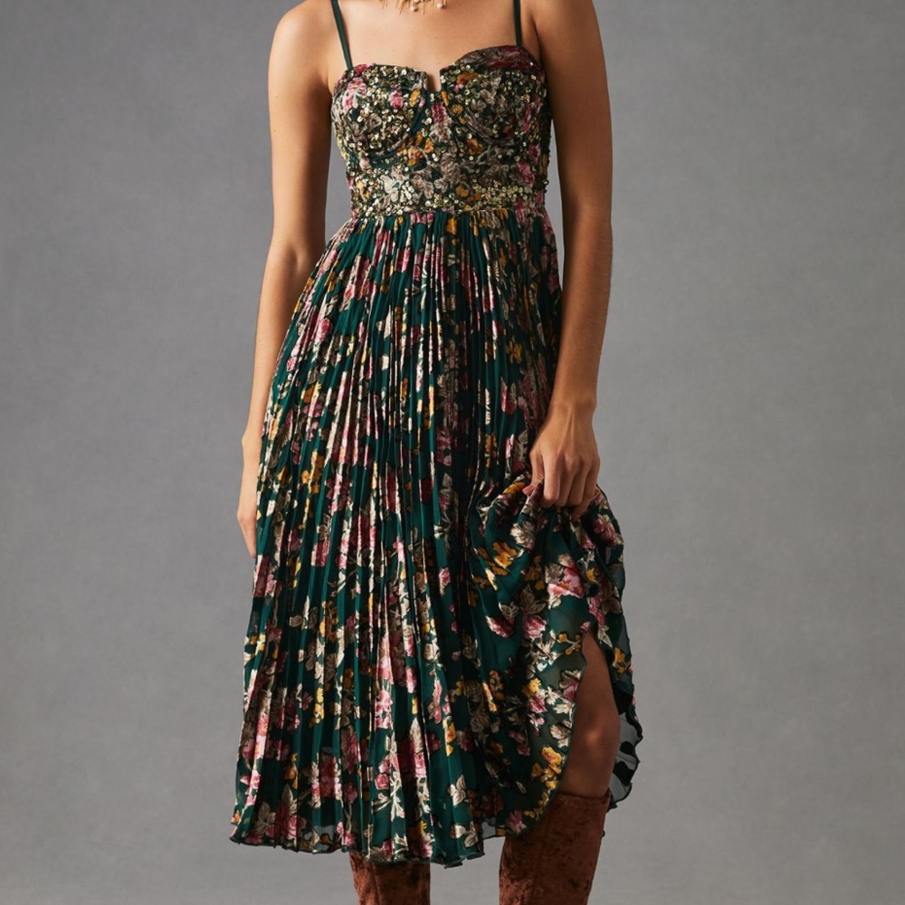 Anthropologie Floral Pleated Midi Dress - Green and Pink